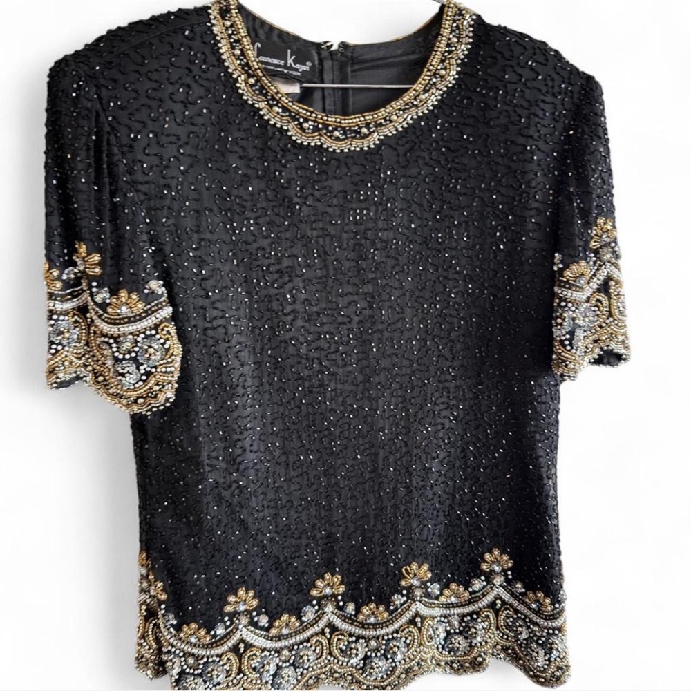 Laurence Kazar Black Beaded Short Sleeve Top with Gold & Silver Embellishment